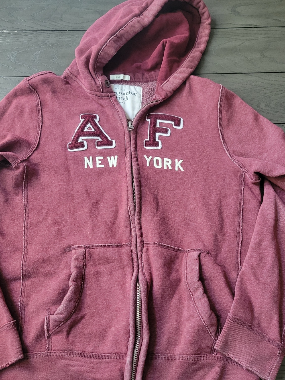 Abercrombie & Fitch Mens Maroon Zip-Up Hoodie with New York Logo